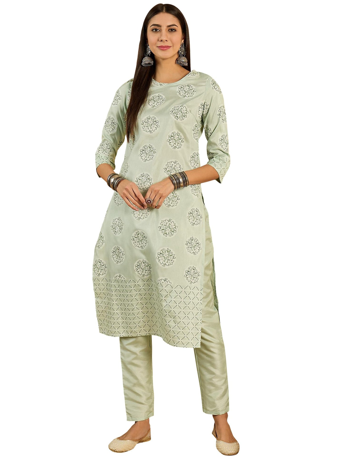 ZIYAA Art Women's Green Poly Silk Kurta and Pant Set