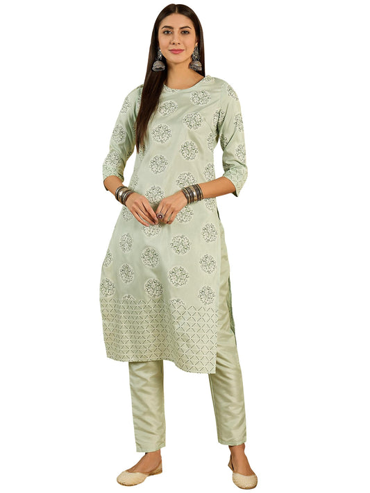 ZIYAA Art Women's Green Poly Silk Kurta and Pant Set