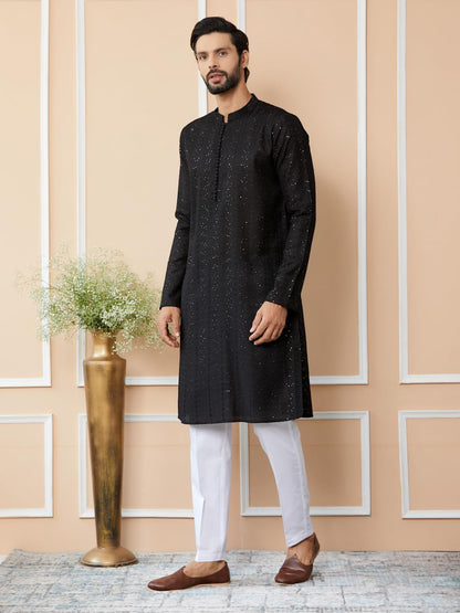 See Designs MenS Long Sleeve Mandarin Collar Side Slit Black Embroidered Thread Work Sequinned Chanderi Silk Straight Kurta Wit