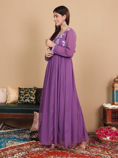 Varanga Lavender Zari Thread Embroidered Flared Kurta with Dupatta for Women