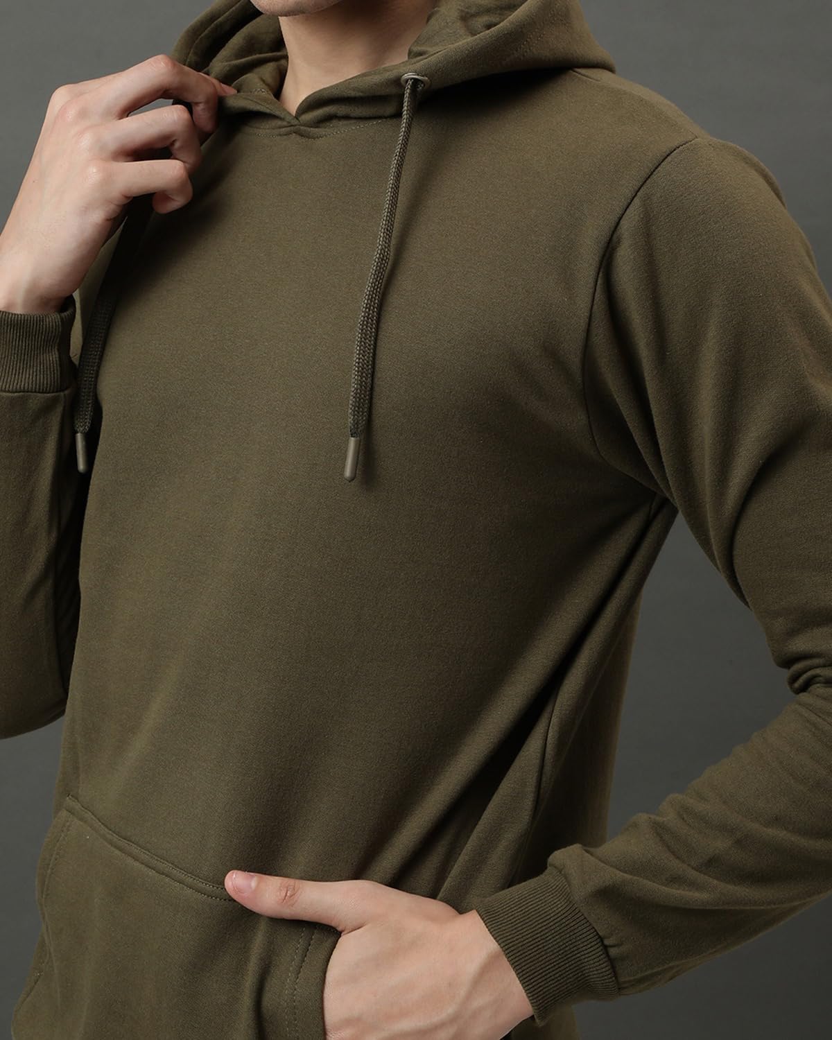 ADRO Men's Cotton Neck Hooded Sweatshirt (H24-PLN-OL_Olive