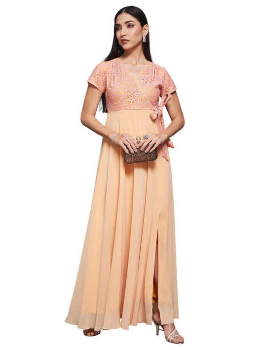 Miss Chase Womens Wrap-Styled Short Sleeve Self-Designed Maxi Georgette Dress (MCSS25D16-75-101-06, Peach, XL)