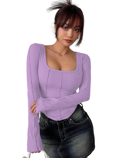 Sugathari Womens Purple Solid Long Sleeve Wrap-Style Square Split Crew Neck Bodycon Women T-Shirt Spring and Summer, Minimalist