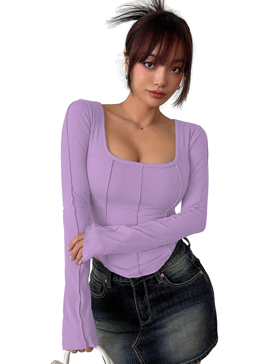 Sugathari Womens Purple Solid Long Sleeve Wrap-Style Square Split Crew Neck Bodycon Women T-Shirt Spring and Summer, Minimalist