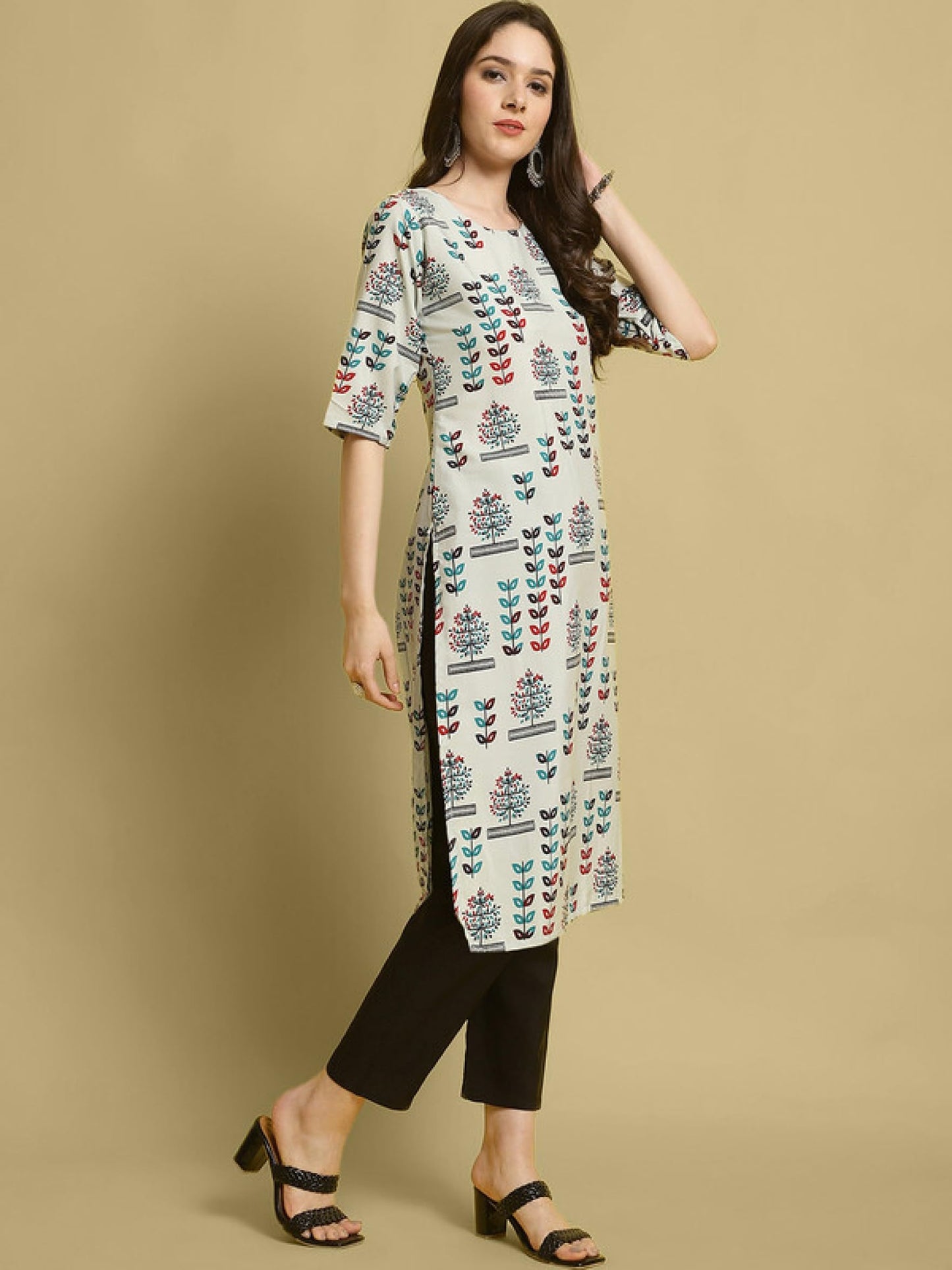 PATLANI Womens A-Line-Calf langth Half Sleeve Crepe Kurti. Grey
