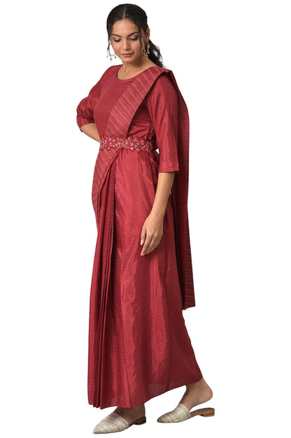 W For Woman Dark Red Polka Dot Glitter Stylised Dress With Metallic Embroidery