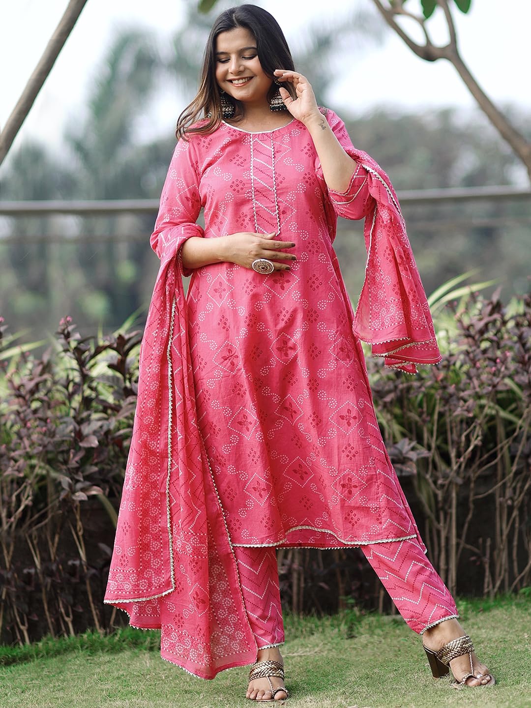 Libas Womens Printed Cotton A-Line Kurta With Trousers And Dupatta