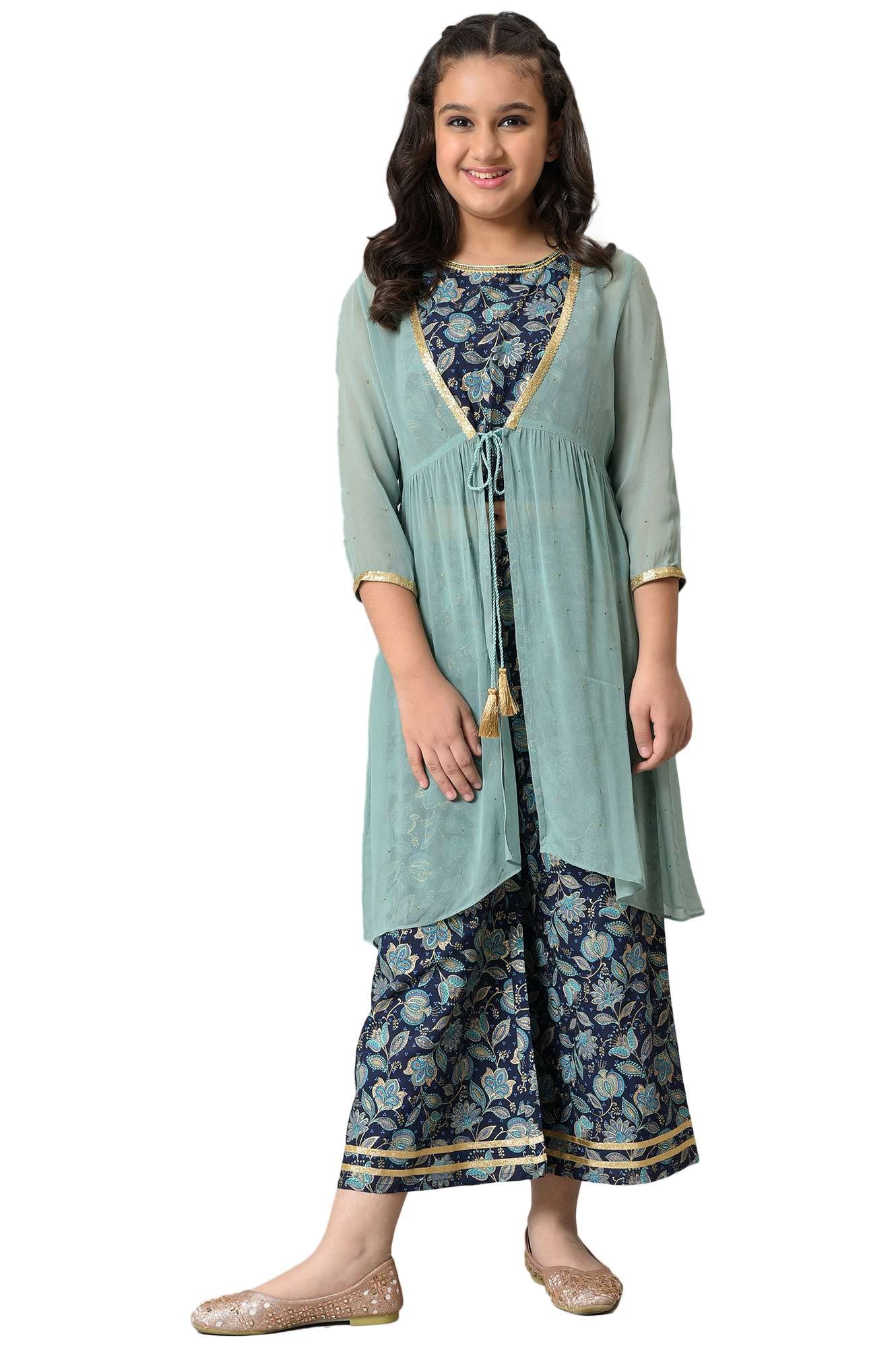 Aurelia Girl's Polyester Top & Gillet & Palazzo (22AUG10267B-506012_Green