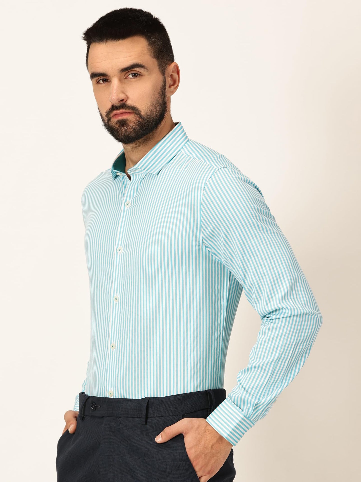 Thomas Scott 100% Cotton Strpes Slim Fit Formal Shirts for Mens Aqua