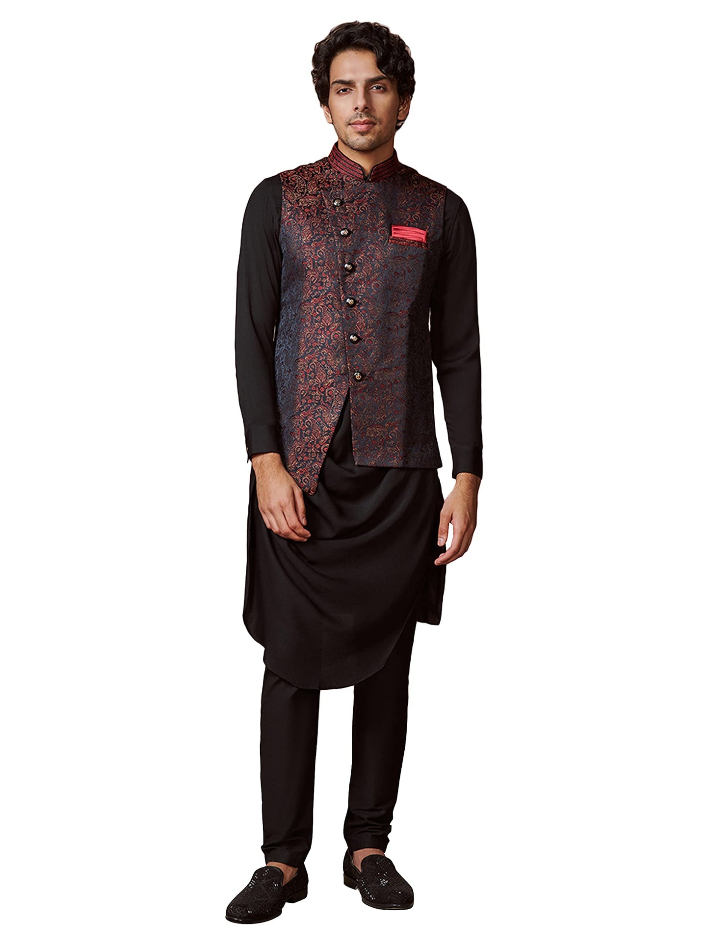 Manyavar Kurta Jacket Set For Men, Full Sleeves Mandarin Collar Ethnic Kurta Jacket Set For Festival, Wedding, Party Blended Ray