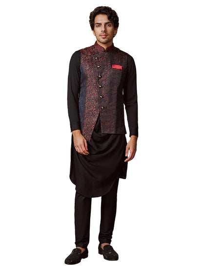 Manyavar Kurta Jacket Set For Men, Full Sleeves Mandarin Collar Ethnic Kurta Jacket Set For Festival, Wedding, Party Blended Ray