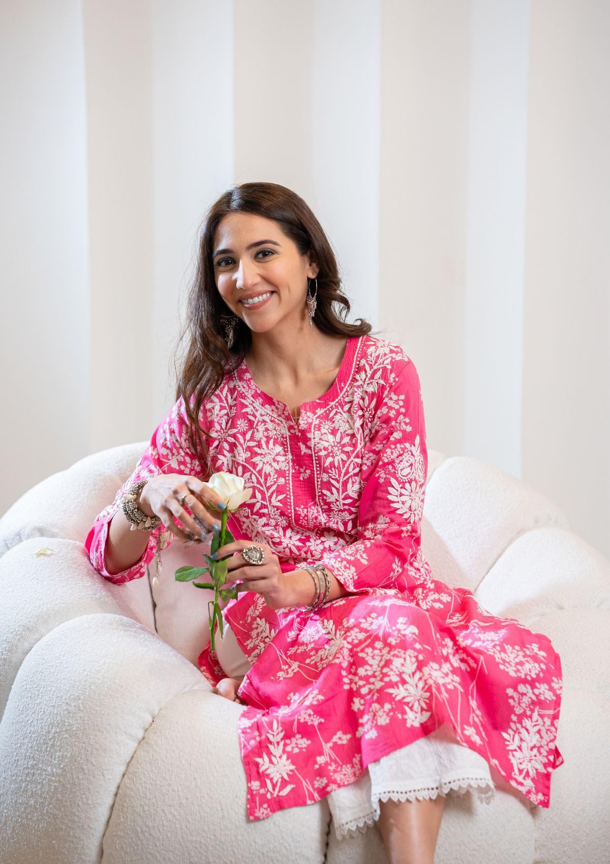 GoSriKi Ladies Cotton Blend Chikankari Kurta Set, Pink, Size 44, Model ZAINAB