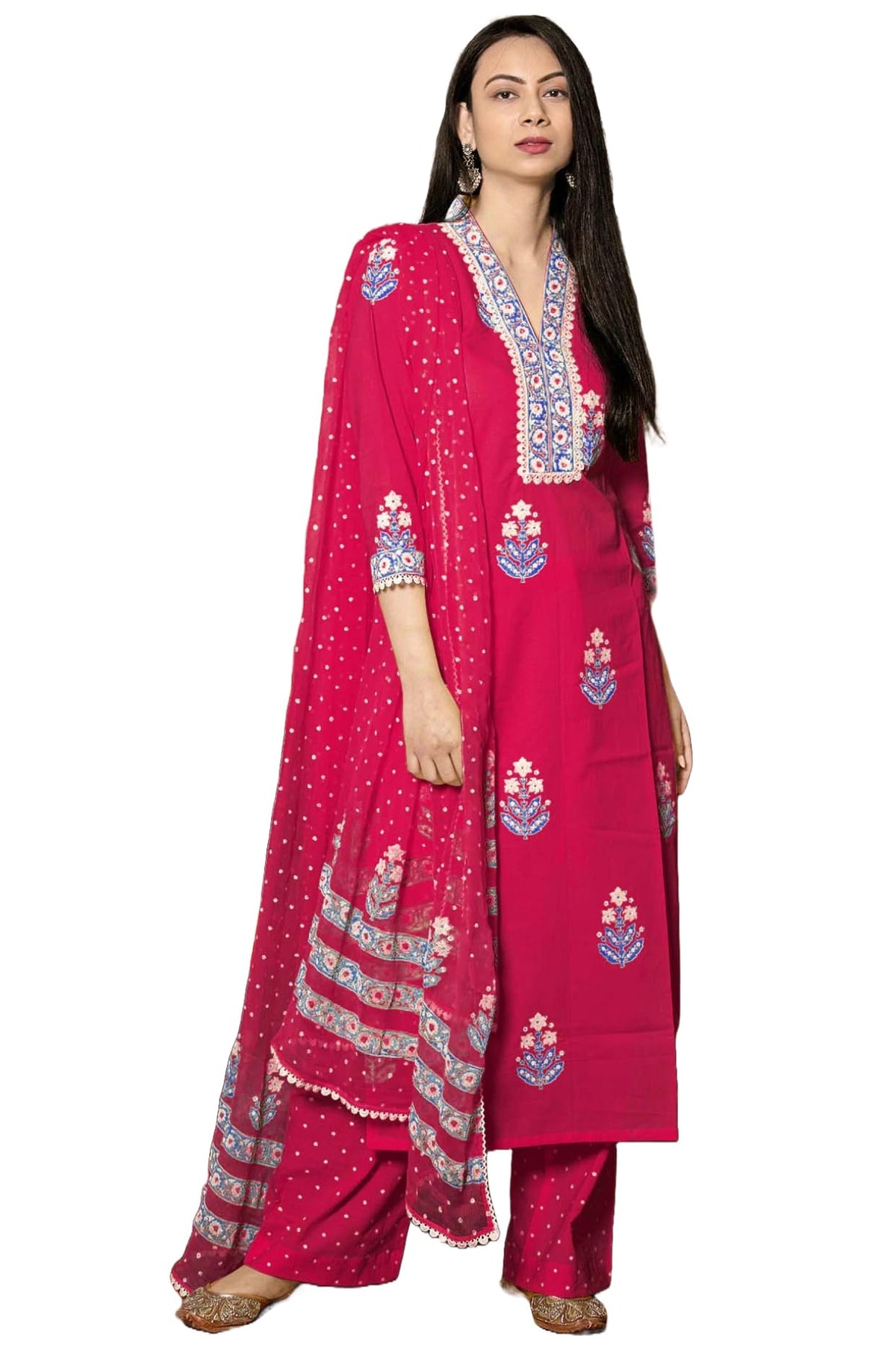 ANNI DESIGNER Womens Rayon Kurta with Pants and Dupatta, Pink, 3XL