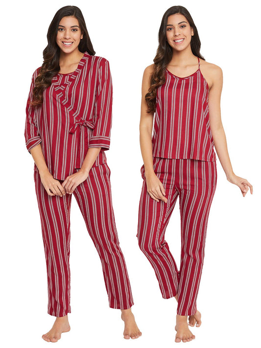 Clovia Womens Rayon Stripes Printed Cami Top & Robe Pyjama Set (LS0570P09_Red_S)
