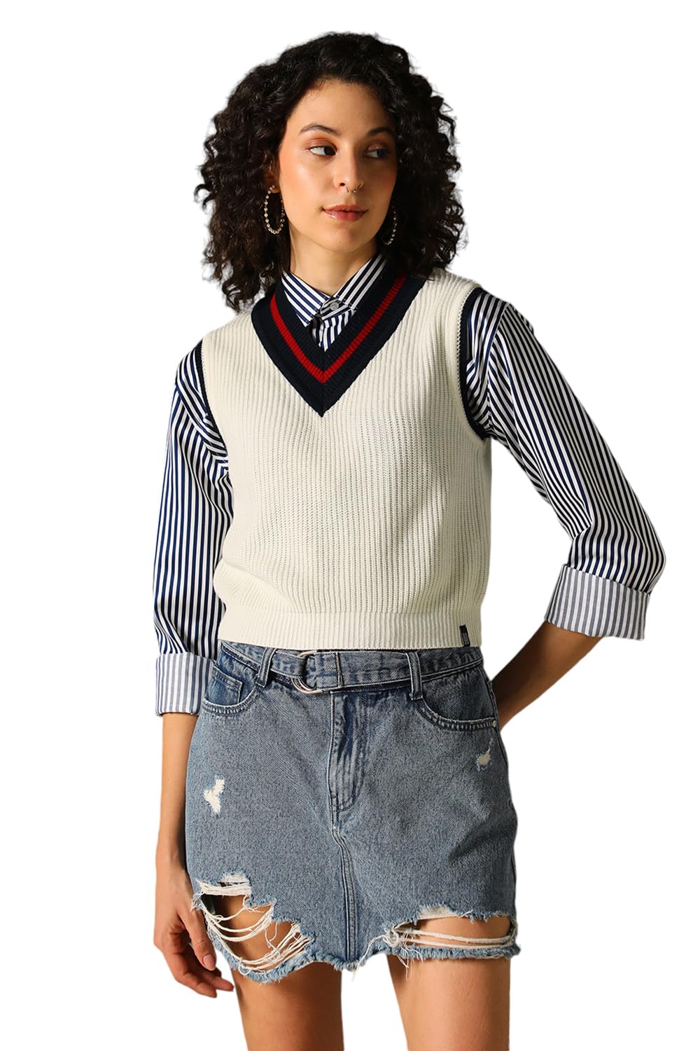 Hubberholme Women Knitted Acrylic Regular Fit V Neck Sleeveless Sweaters Off White