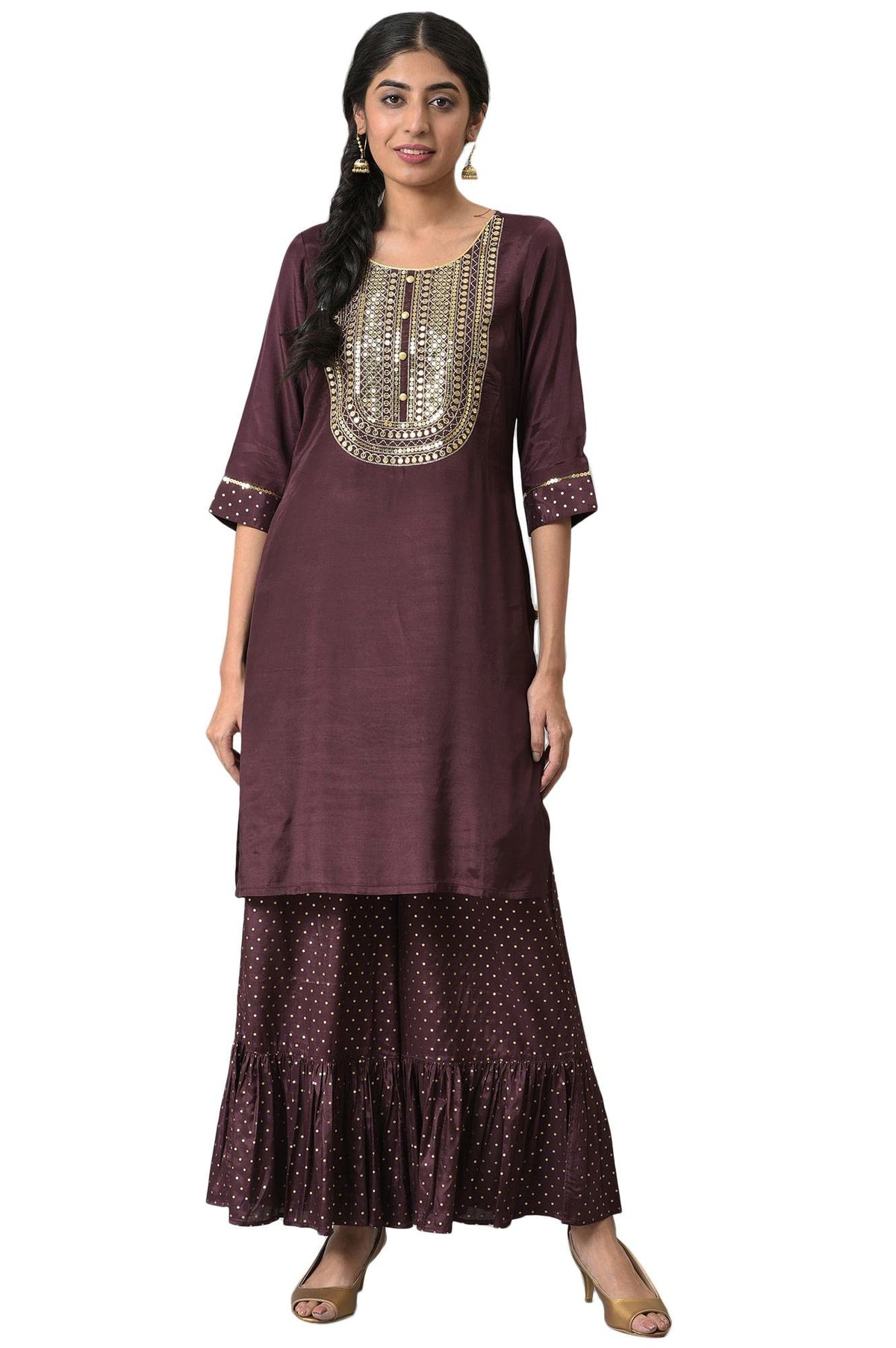 Aurelia Women Brown Shantung Liva Kurta With Gathered Sharara_22Auas13518-604763_Xs