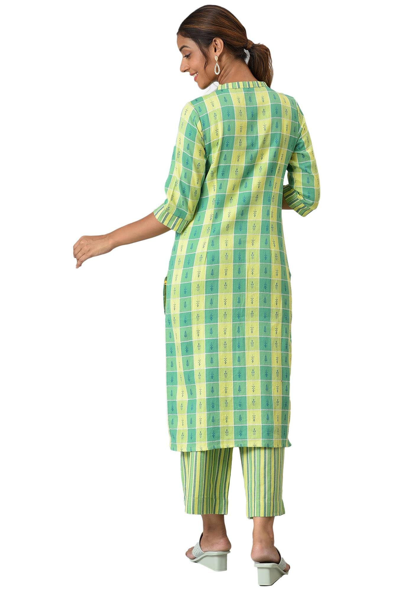 Aurelia Women's Cotton Green Geometric Band Collar Straight Kurta Set