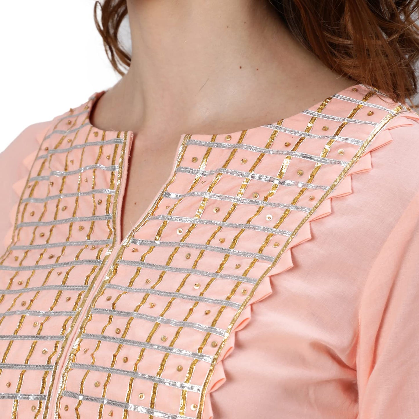 ishin Women's Pure Cotton Embroidered Gotta Patti Peach Checked Print Straight Kurta suit set With Dupatta & Sharara