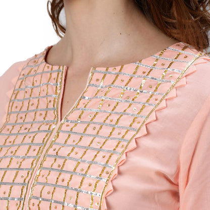 ishin Women's Pure Cotton Embroidered Gotta Patti Peach Checked Print Straight Kurta suit set With Dupatta & Sharara