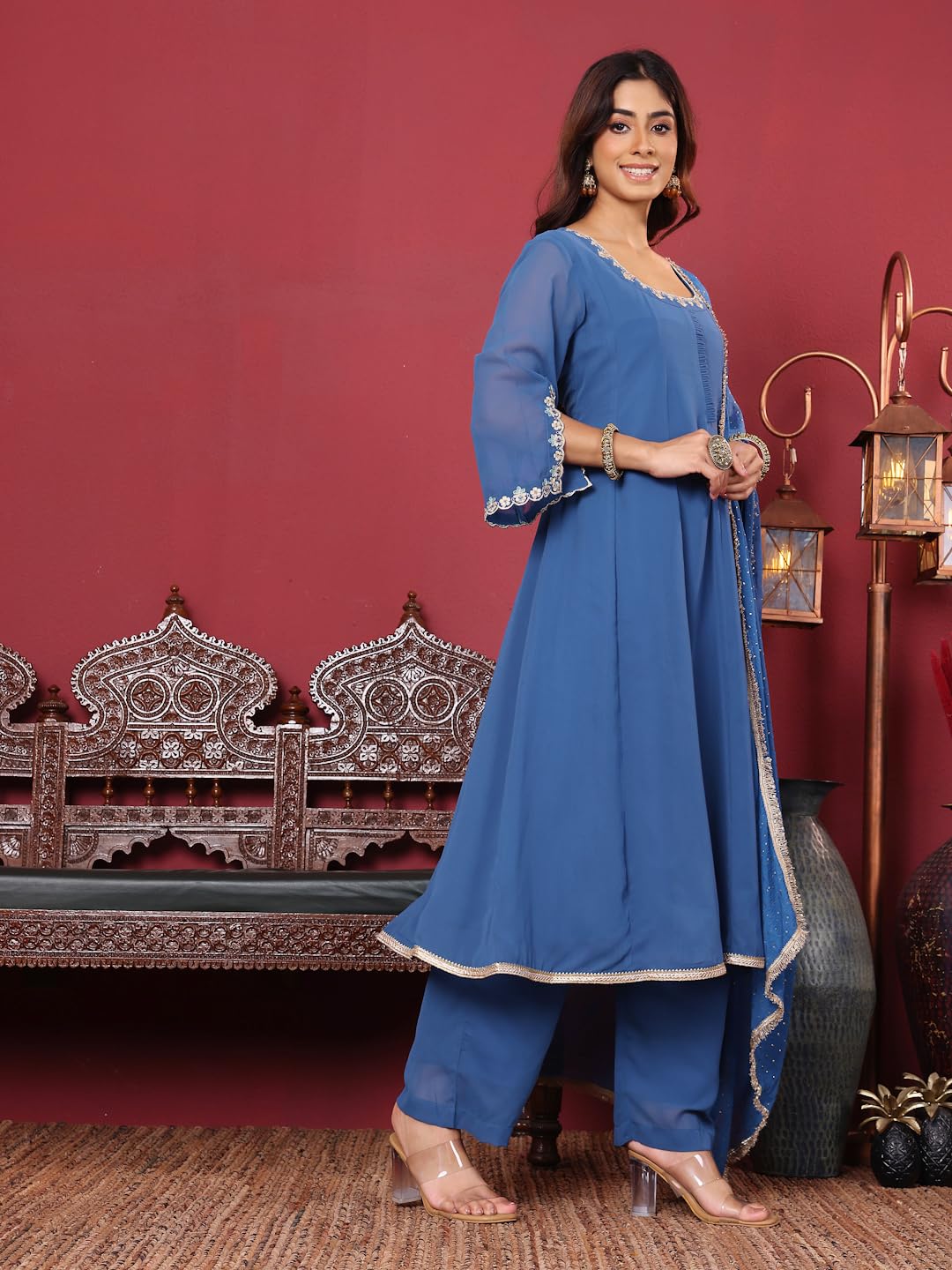 Varanga Women Round Neck Embroidered Anarkali With Tonal Bottom And Dupatta.