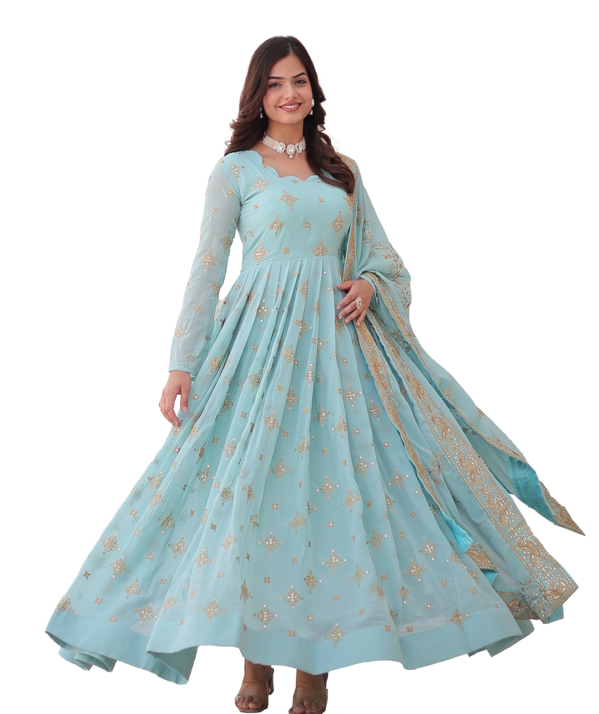 Wedani Georgette Sequins Embroidery Work Anarkali Kurta Set for Women (in, Alpha, M, Regular, Sky Blue)
