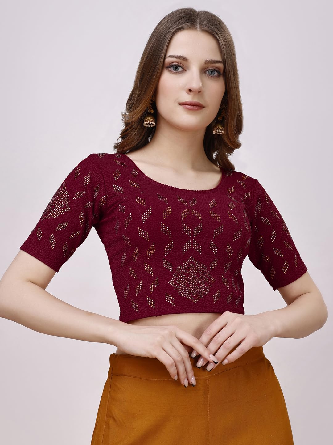 Vihu Fashion Womens Readymade Hosiery Lycra Stretchable Round Neck Half Sleeve Blouse with swaroski Work Fancy Lycra Stretchabl
