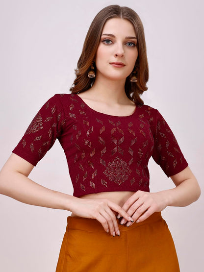 Vihu Fashion Womens Readymade Hosiery Lycra Stretchable Round Neck Half Sleeve Blouse with swaroski Work Fancy Lycra Stretchabl