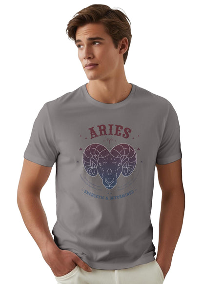 Peppyzone Mens Regular Fit T-Shirt (PZ-ZodiacAries6002_Grey