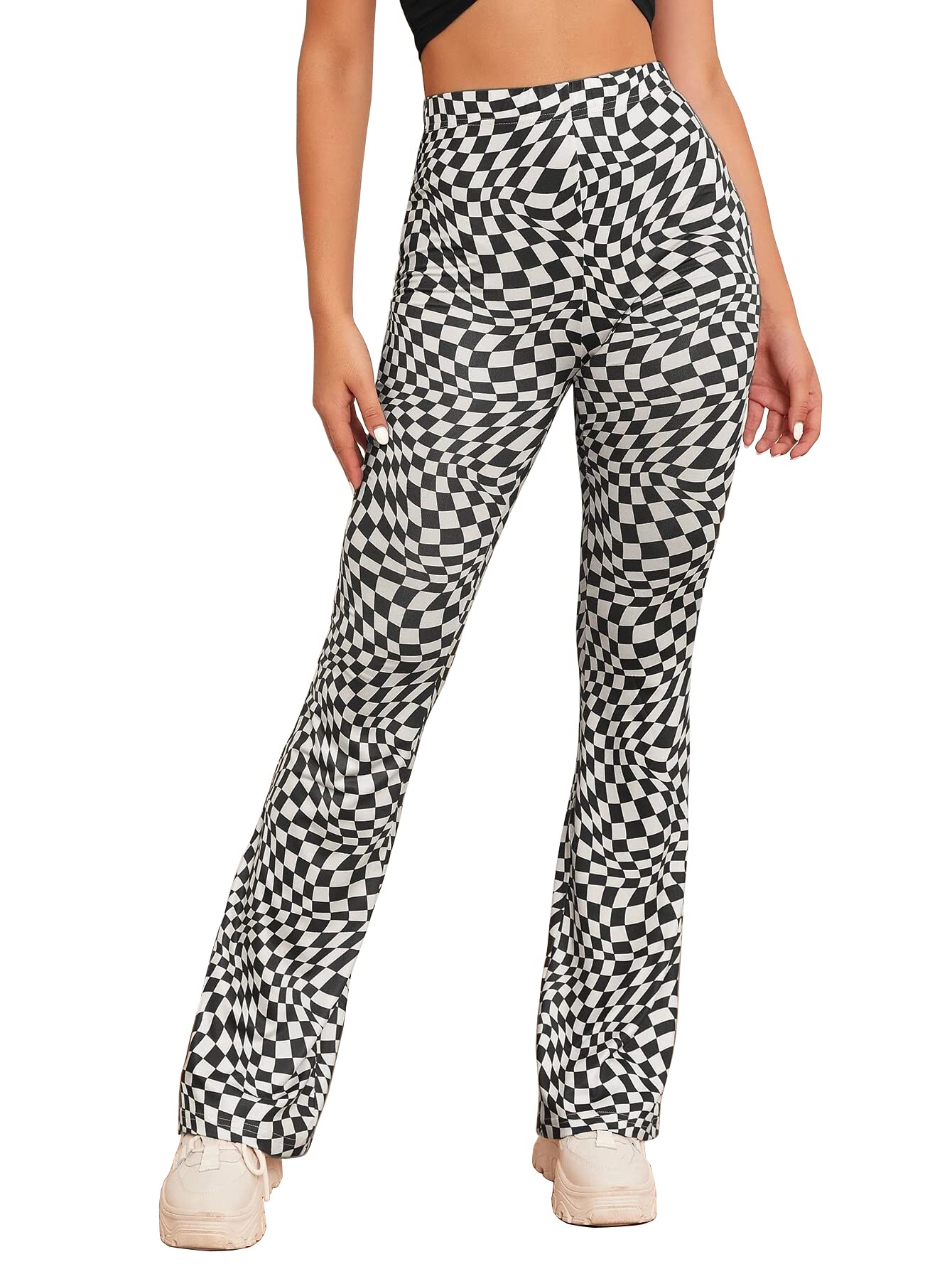 Shasmi Womens & Girls Black Checkered Print Dress Pants Stretchy Work Slacks Business Casual Office Bell-Bottom/Boot-Cut Elasti