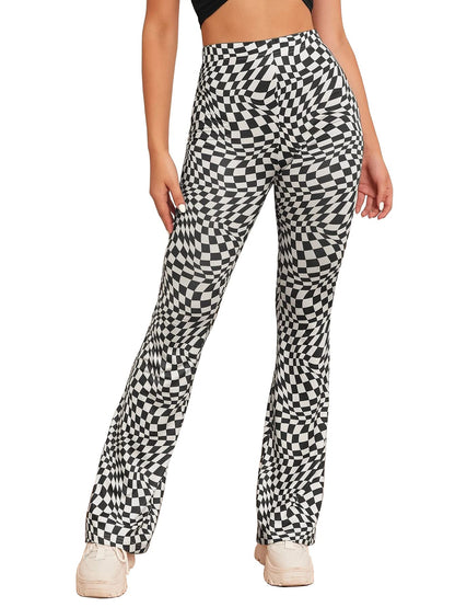 Shasmi Womens & Girls Black Checkered Print Dress Pants Stretchy Work Slacks Business Casual Office Bell-Bottom/Boot-Cut Elasti