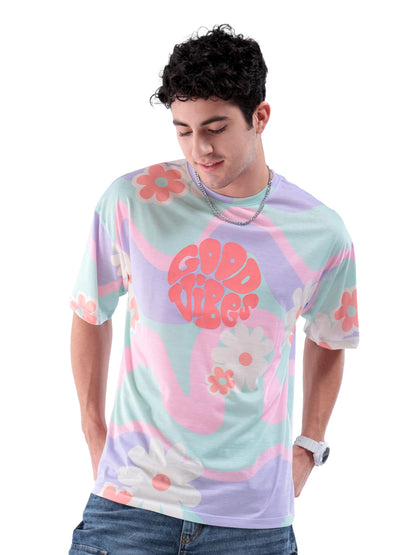 The Indian Garage Co Men Oversized Floral Round Neck Tshirt Aqua