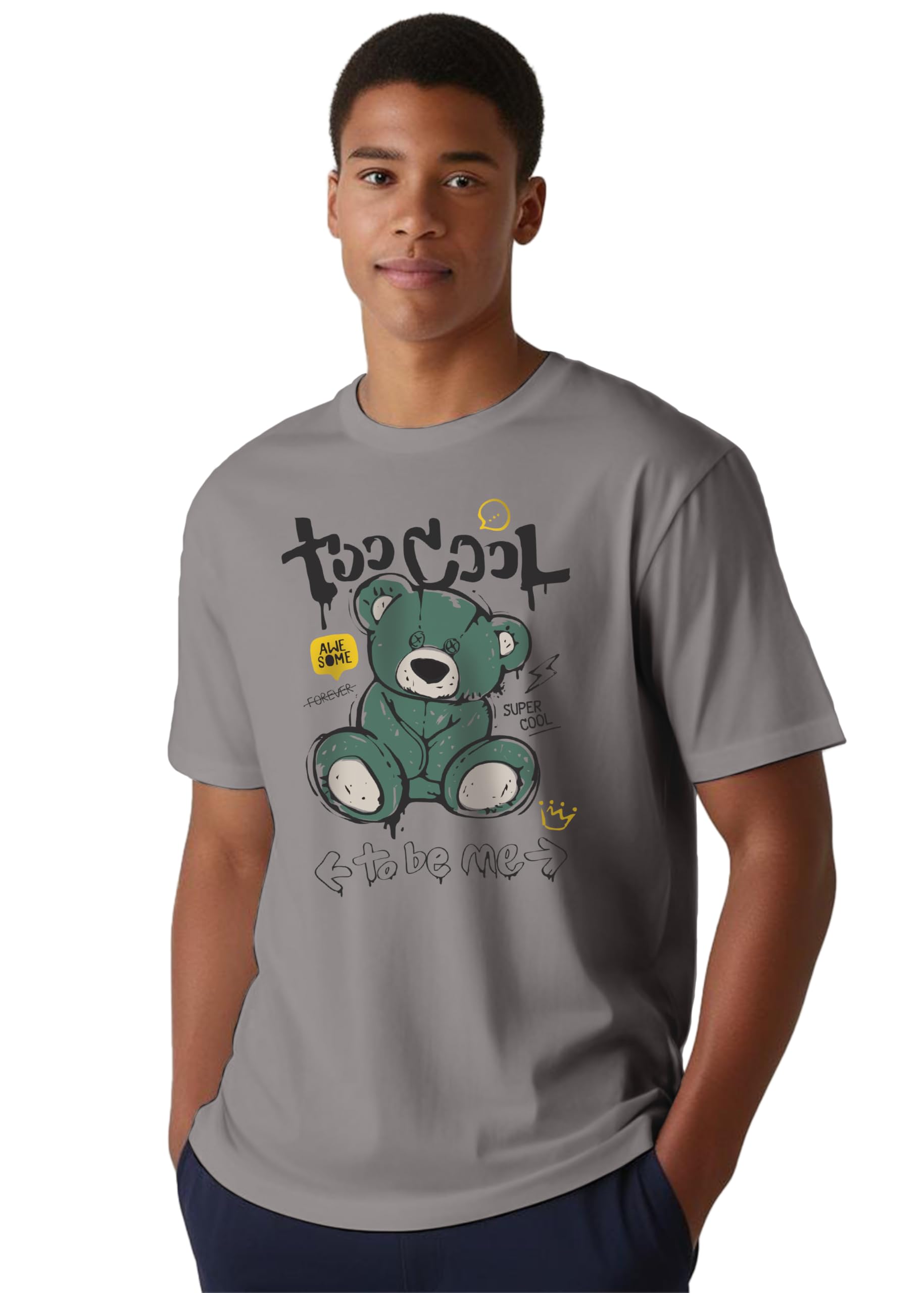 Peppyzone Mens Regular Fit T-Shirt (PZ-RT-Teddy1620_Grey2