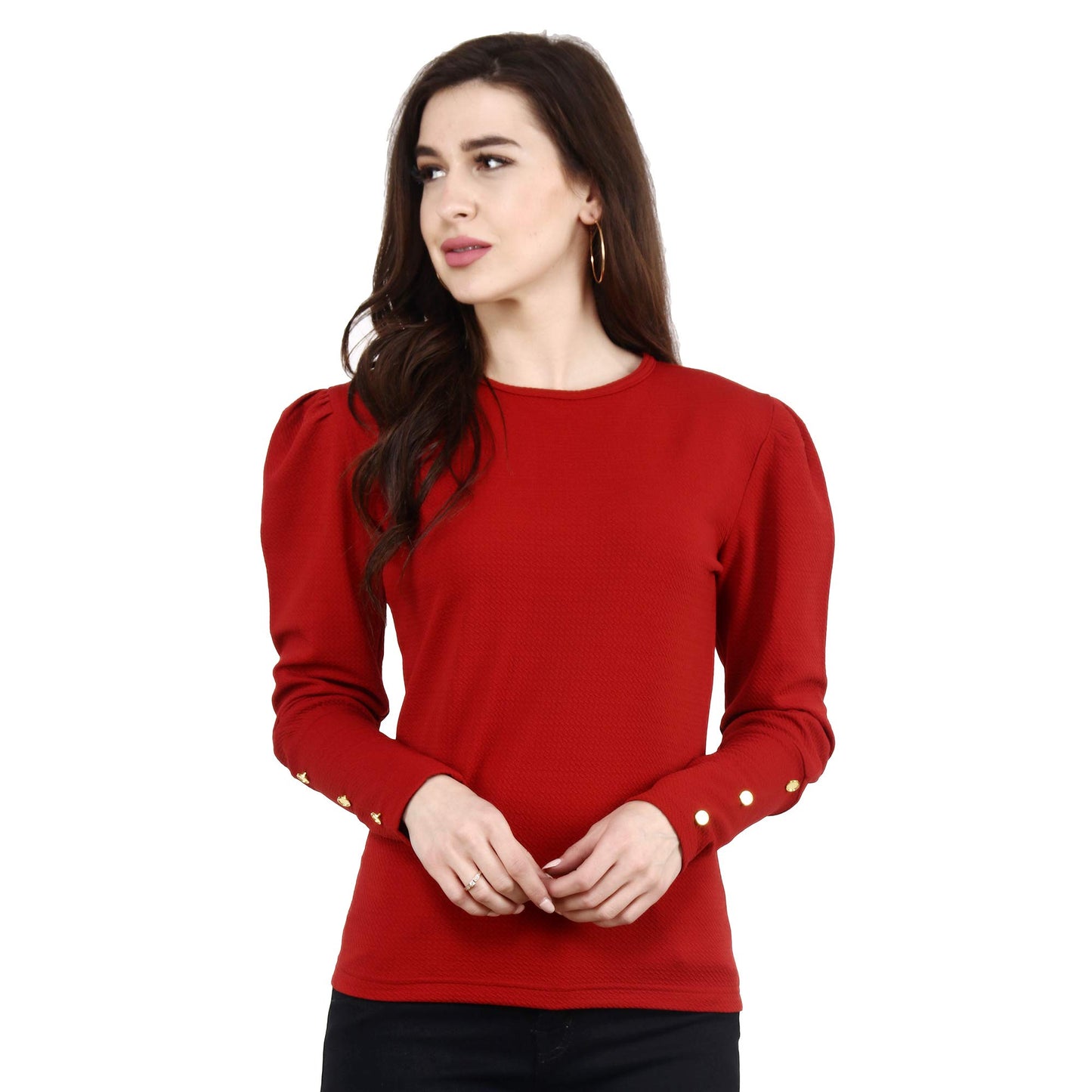 POPWINGS Casual Solid Puff Button Long Sleeves Slim Fit Tops for Women || Summer Round Neck Tops for Women || Stylish Western To