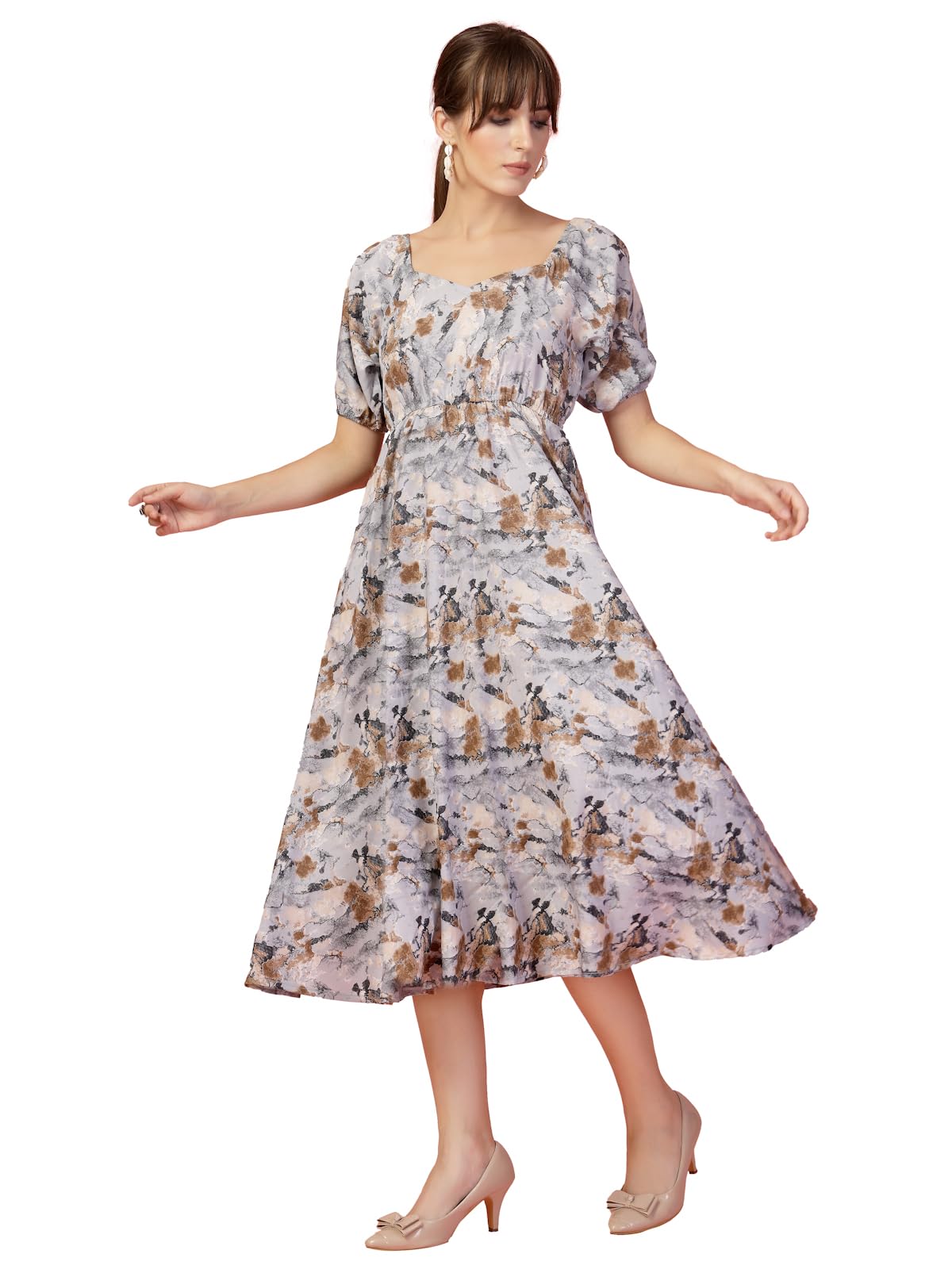 Oomph! Flared Dress For Women Stylish | Long One Piece For Women | Puff Sleeve Long Dress | Floral Print Maxi One Piece | Wester