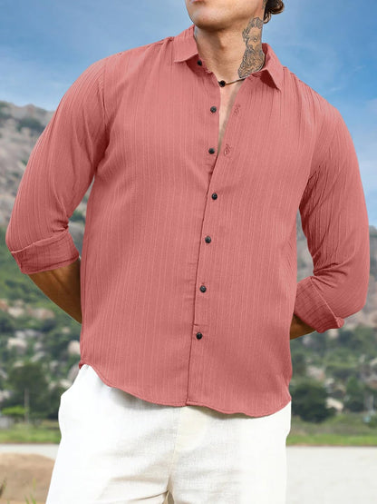 Finivo Fashion MenS Striped Cotton Casual Button Down Shirts Long Sleeve Textured Summer Beach Shirt For Men Peach