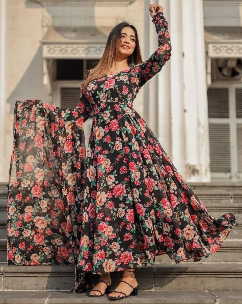 Modestouze Attires Georgette Anarkali Suit For Women - Floral Printed Anarkali Kurta Set With Dupatta Party - Frock Suit Set - D