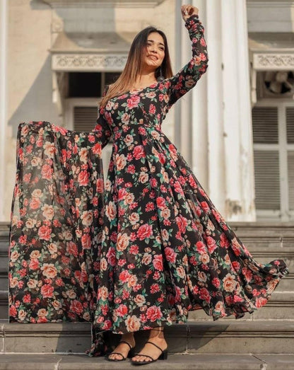 Modestouze Attires Georgette Anarkali Suit For Women - Floral Printed Anarkali Kurta Set With Dupatta Party - Frock Suit Set - D