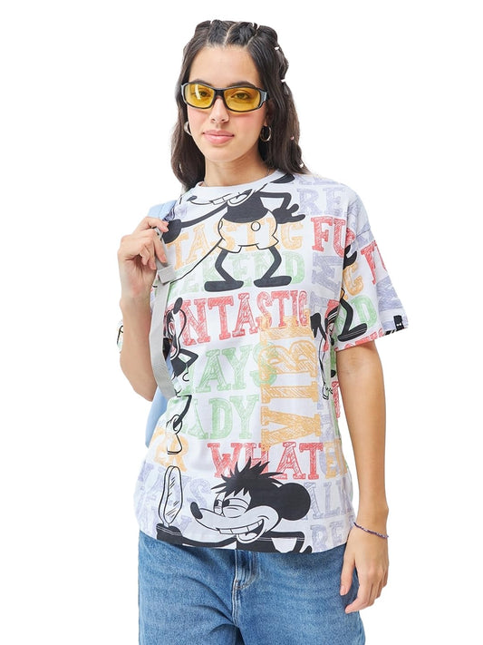 Bewakoof Official Disney Merchandise WomenS Aop Oversized Half Sleeve Round Neck 100% Cotton T-Shirt_615058_White_S
