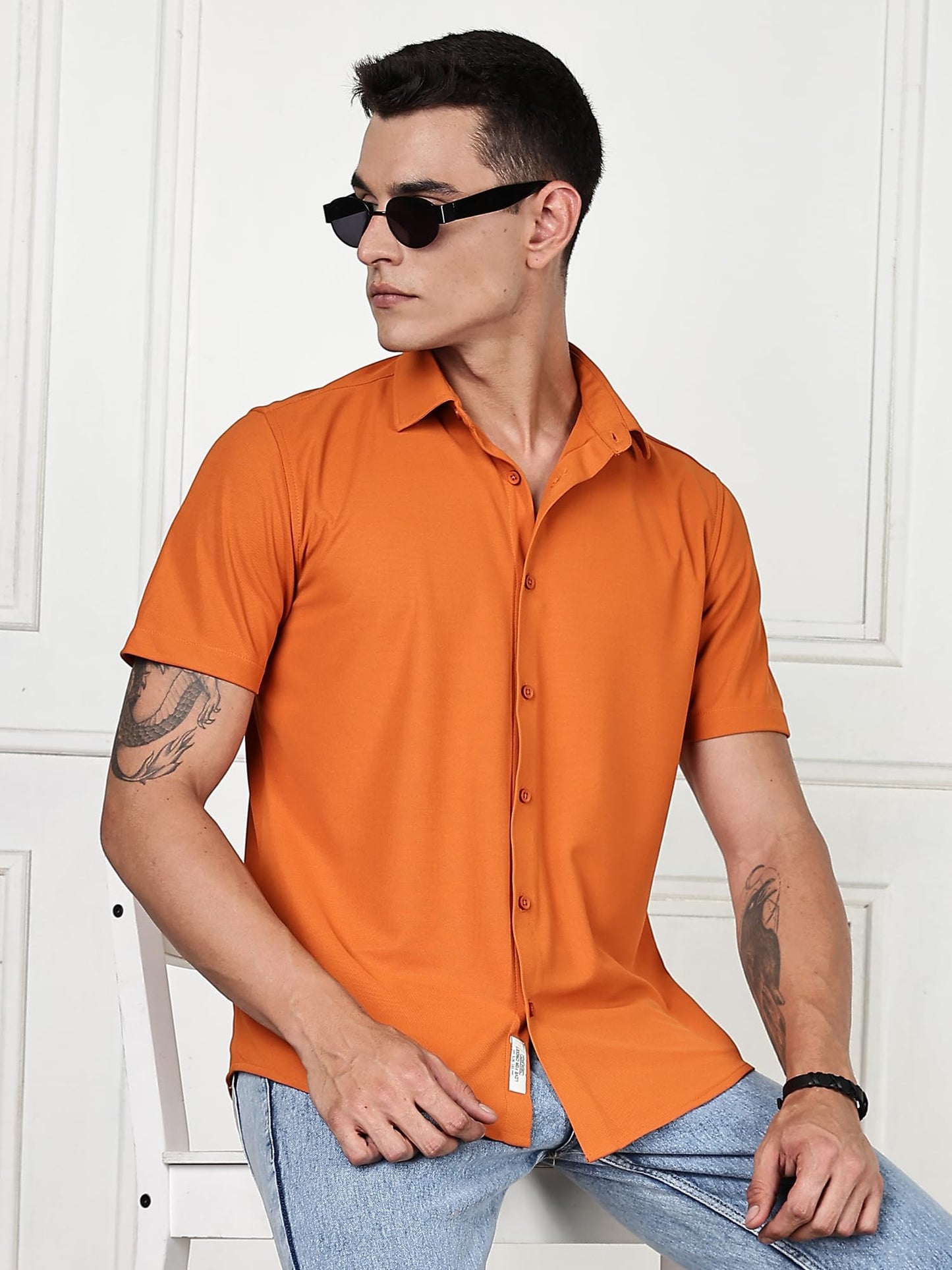 Thomas Scott Mens | Premium | Spread Collar | Slim Fit | Short Sleeves | 4 Way Stretch | Coolmax | Knitted | Casual | Shirts fo