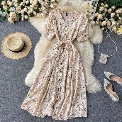 Gufrina Dresses For Women Half Sleeve || Floral Print || V-Neck And Puff Sleeves || Front Open Button & Tie-Up || Midi Dress (Be
