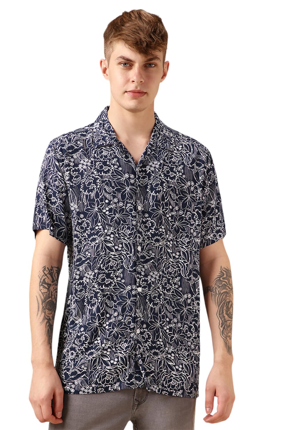 Dennis Lingo Men Navy Blue Rayon Half Sleeve Cuban Collar Aop Shirts_Dlmshmjj24003