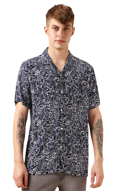 Dennis Lingo Men Navy Blue Rayon Half Sleeve Cuban Collar Aop Shirts_Dlmshmjj24003