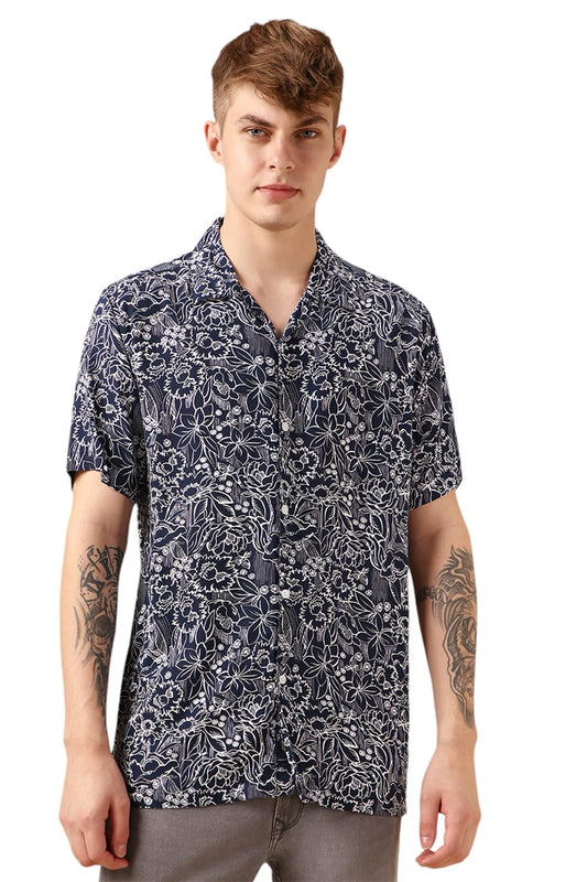 Dennis Lingo Men Navy Blue Rayon Half Sleeve Cuban Collar Aop Shirts_Dlmshmjj24003