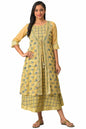 Yellow Sheer Gilet With Printed Sleeveless Inner Dress