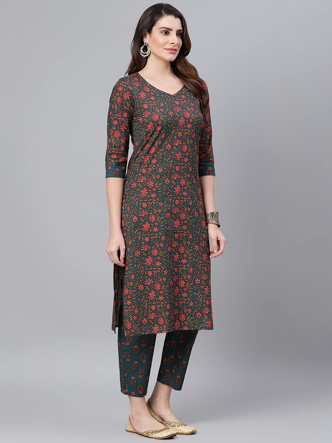 Idalia Dark Sea Green And Crimson Floral Printed Straight Cotton Kurta Set For Women