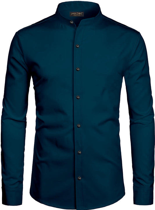 Mildin MenS Regular Cotton Blend Bell Blue Slim Fit Solid Button Down Mandarin Chinese Collar Full Sleeve Curved Hemline Casual