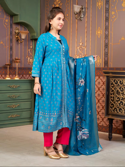 Aarika Girls Ethnic Wear Sea Green-Rani Colour Foil Print Rayon Kurti Pant Set-8-15 Years (KP-SD-5826)