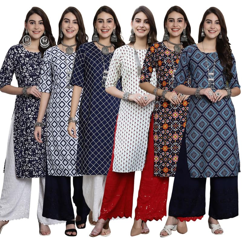 Pinkmint WomenS Crepe Kurti Round Neck Straight Kurti For Women Comfortable Kurti Regular Wear Kurti For WomenS (Pack Of 6)