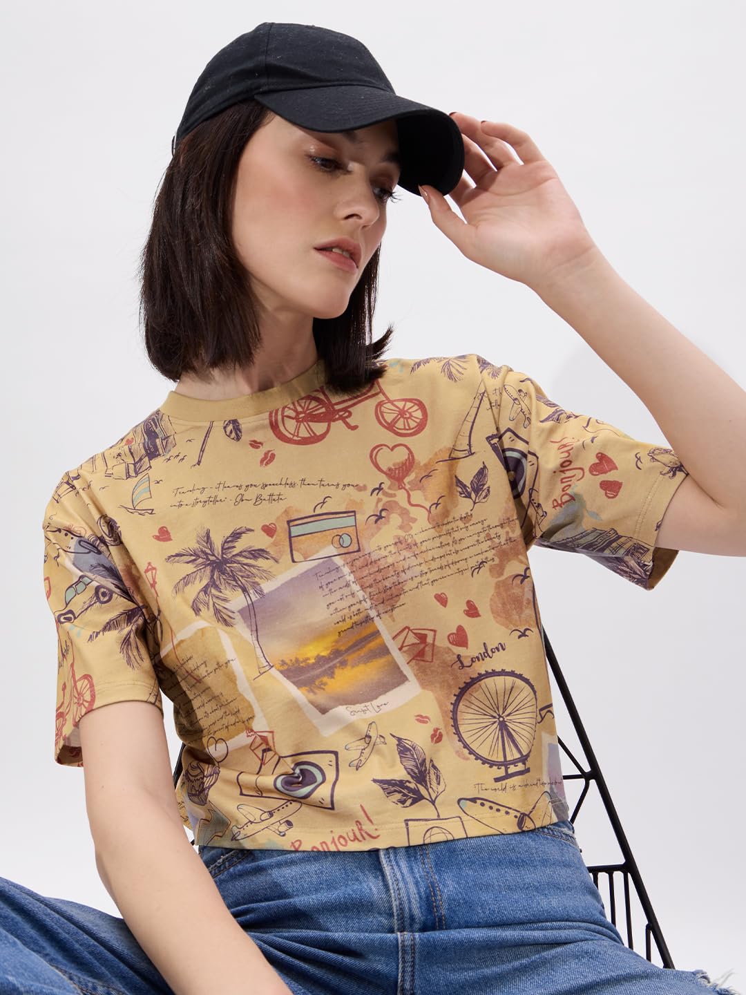 The Souled Store Explorer Women and Girls Short Sleeves Round Neck Brown All Over Printed Cotton Oversized Cropped T-Shirts