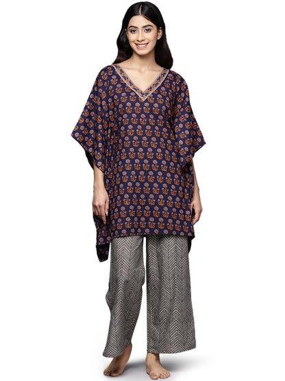 Libas Womens Printed Cotton Night Suit Set For Women Navy Blue